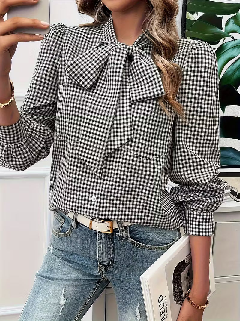 Meella | Elegant Gingham Check Bow Tie Blouse