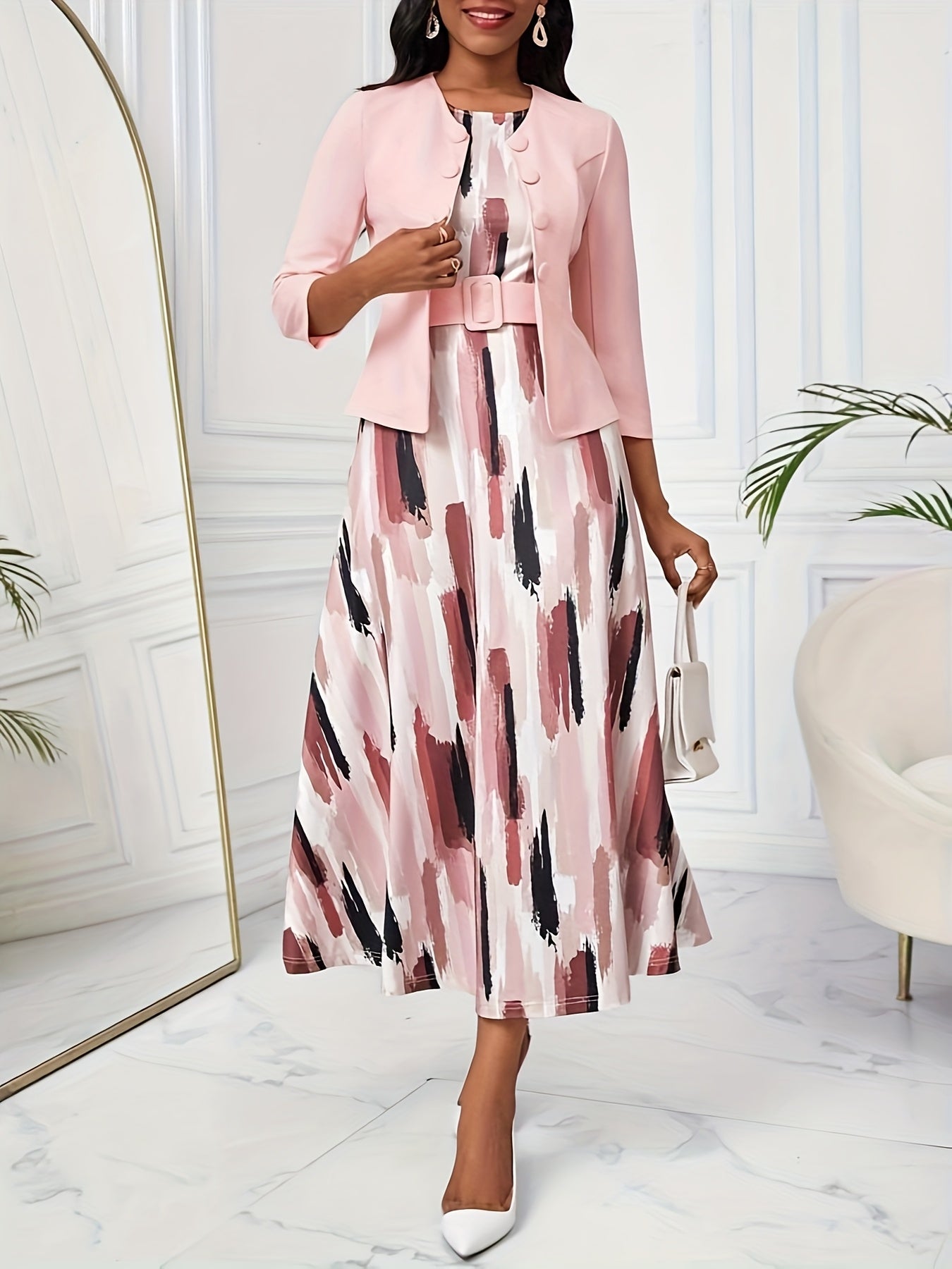 Printed Belted Two-Piece Set