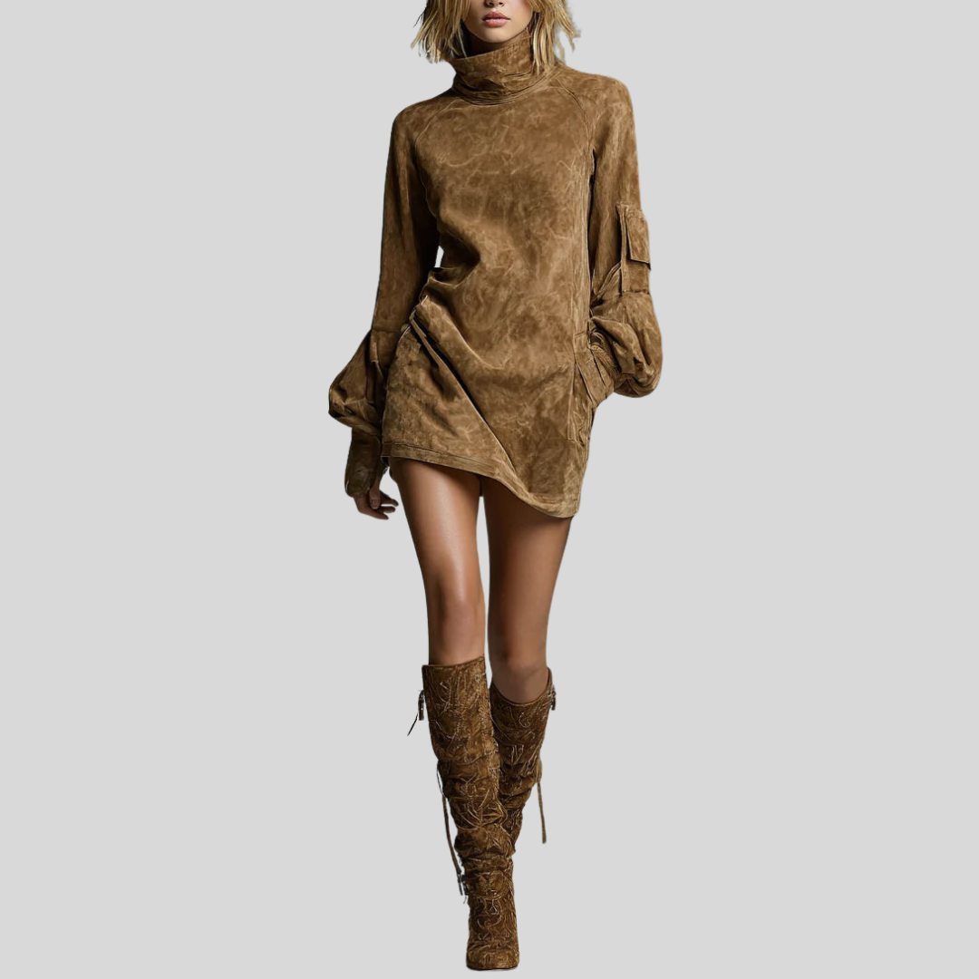 Suede Turtleneck Mini Dress
