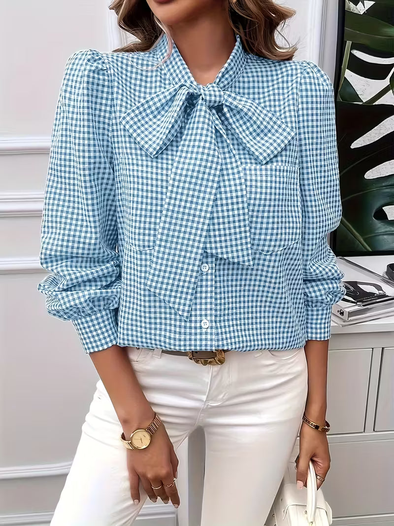 Meella | Elegant Gingham Check Bow Tie Blouse