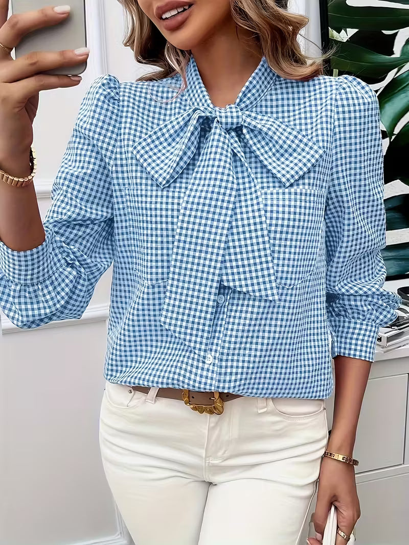 Meella | Elegant Gingham Check Bow Tie Blouse