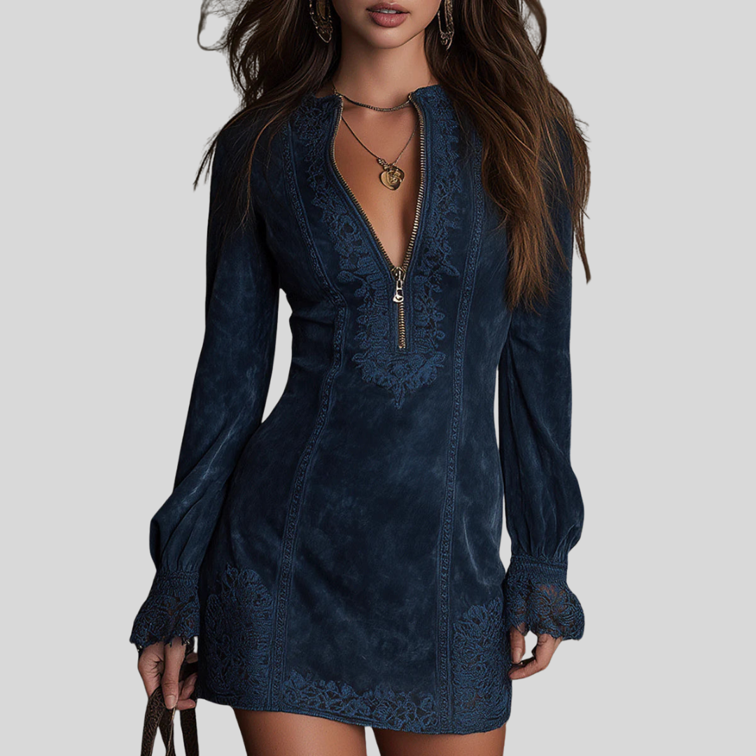 Jasmine | Blue Suede Mini Dress with Lace